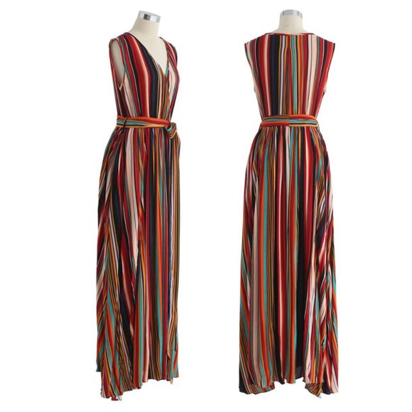 CHIC WISH || Elegance Keeper Striped V-Neck Sleeveless Maxi Dress - XS - Picture 2 of 9
